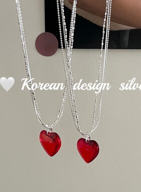 韩国ins风博主同款春夏新款饰品 S925纯银 红色爱心多层项链显白