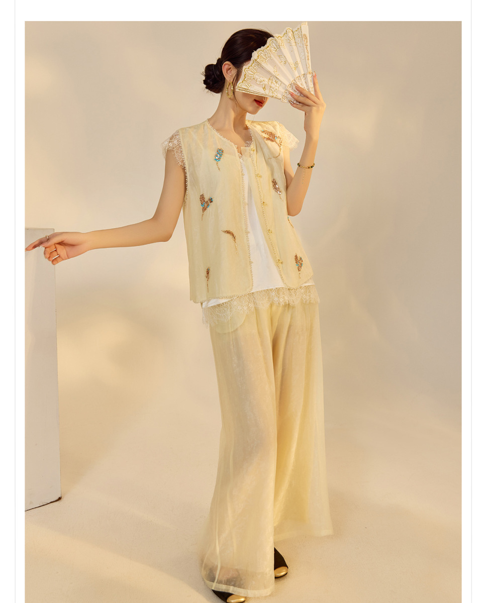 Set gile thêu đính cườm kèm quần dài nữ phong cách thanh lịch — Quần dài màu mơ, Quần dài màu xanh lục, Gi lê màu hồng, Gi lê màu xanh lục