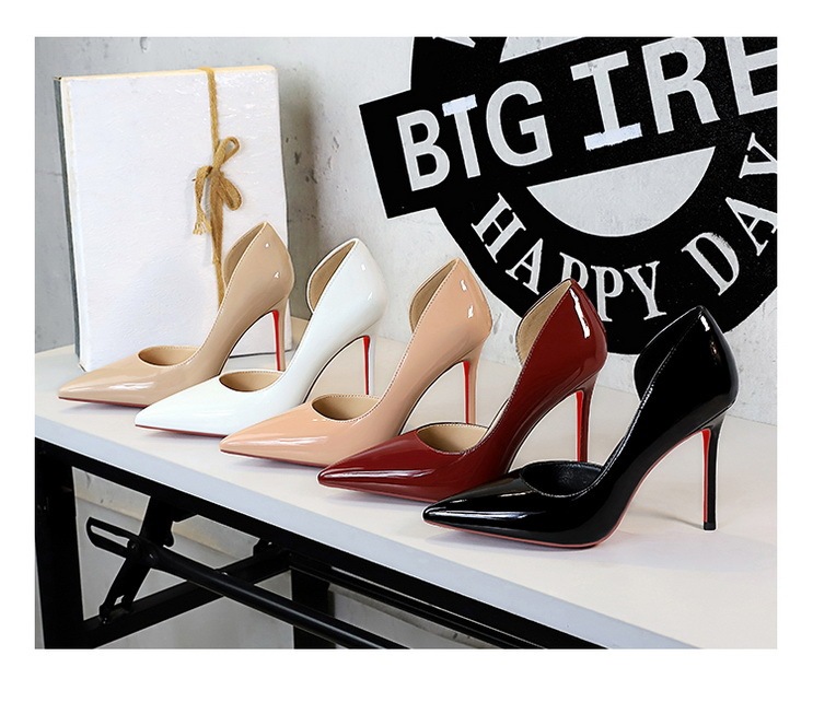 Giày cao gót nữ mũi nhọn da bóng khoét hông gót nhọn dự tiệc — 9265 Đen 10cm, 9265 kaki 10cm, 9265 màu nude 10cm, 9265 rượu vang đỏ 10cm