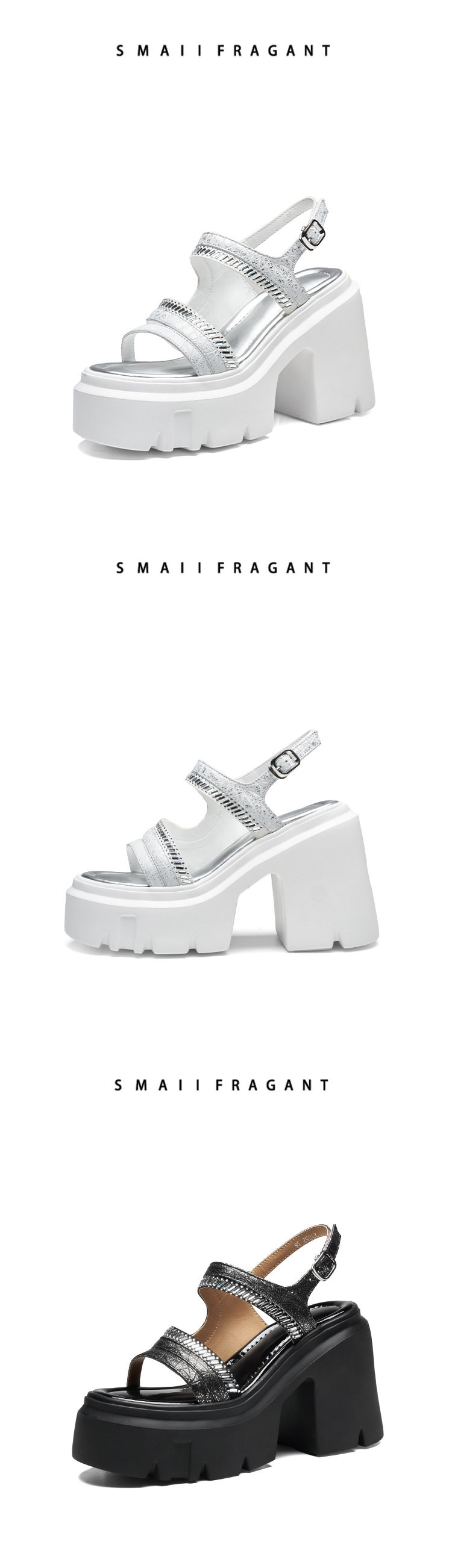 Sandal cao gót nữ hở mũi đế platform 12 cm, quai ngang đính đá — Xám, Áo khoác sáng, Bạc chi tiết 11