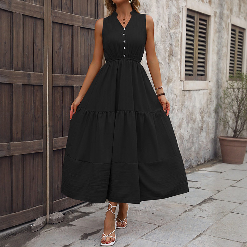 High Waist Sleeveless Maxi Dress Simple Style Solid Color Comfortable Fit Casual Wear for Summer OEM Available