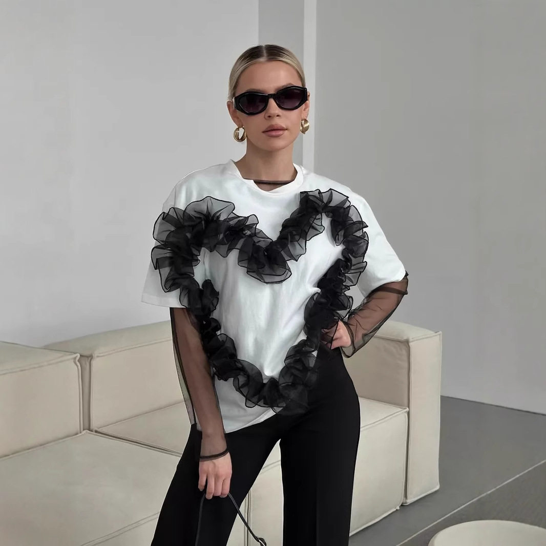 Womens Ruffled Heart Design T Shirt Soft Cotton Loose Fit Round Neck Stylish Layered Look Casual Wear Wholesale