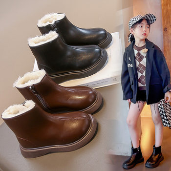 2025 New Winter Girls' Plus Leather Boots, Black and Brown Two-Color Warm and Comfortable Boots, Fashionable and Versatile Snow Boots