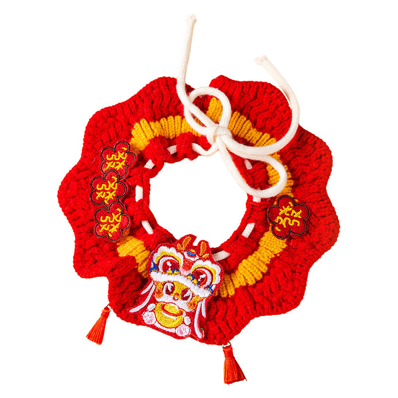 Pet Collar New Year Festive Lucking Treasure New Year Collar Cat Slip Towel Bib Handmade Knitted Dog Scarf