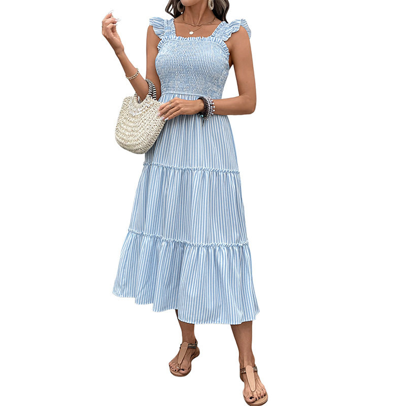 Strappy Tiered Cake Dress Sweet Vacation Style Multi Color Striped Design Perfect for Summer Events Wholesale