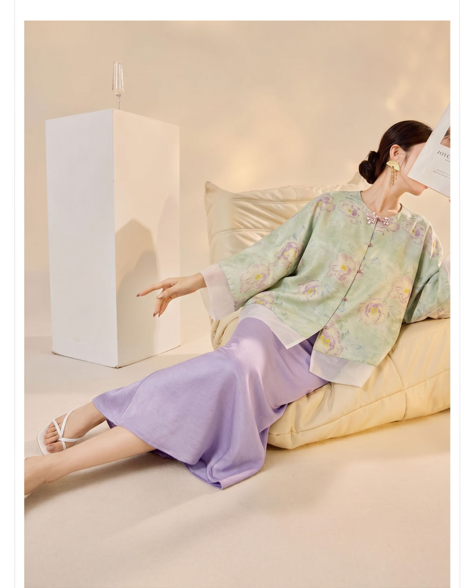 Bộ áo khoác dệt jacquard dáng dài tay kèm chân váy dài nữ tính — Chân váy màu tím, Xuân Huy Lục, Bộ