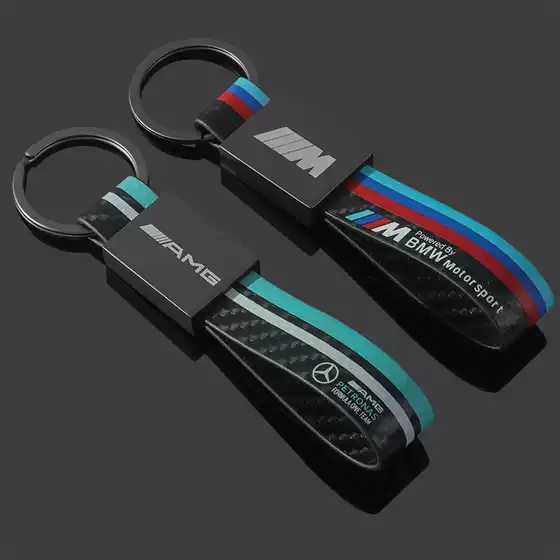 Cross-Border m Three-Color Sports Emblem Mercedes-Benz Amg Genuine Leather Carbon Fiber Pattern Car Modification Emblem Metal Keychain Pendant