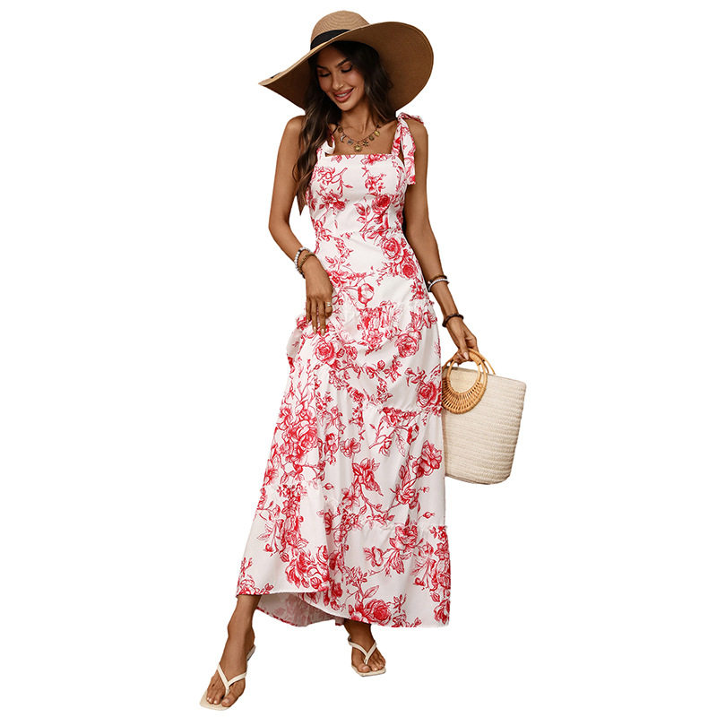French Vacation Style Maxi Dress Vintage Floral Print Sleeveless Flowy Design Perfect for Summer Events Wholesale