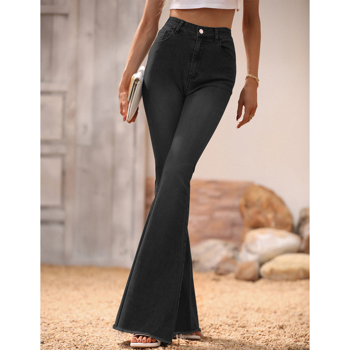 Black Frayed Hem Flare Jeans for Women High Waist Stylish Fit Versatile for Casual Wear Wholesale Available