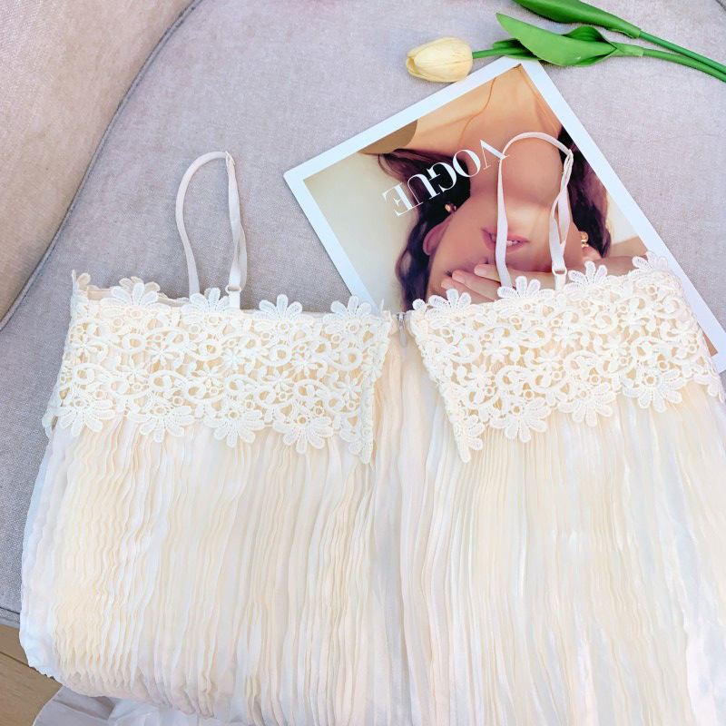 Đầm maxi hai dây cổ tròn dáng xòe phối ren ngực, phong cách thanh lịch — Màu be nhạt - chất lượng cao