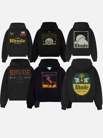 25Ss Cross-Border European and American Trendy Brand Rhude Geometric Pattern Letter Print Hooded Sweatshirt Men's American High Street Jacket
