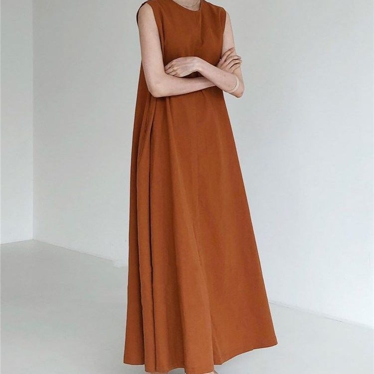 Summer Maxi Dress Loose Fit Round Neck Sleeveless Solid Color Casual Style for Everyday Wear Wholesale Available