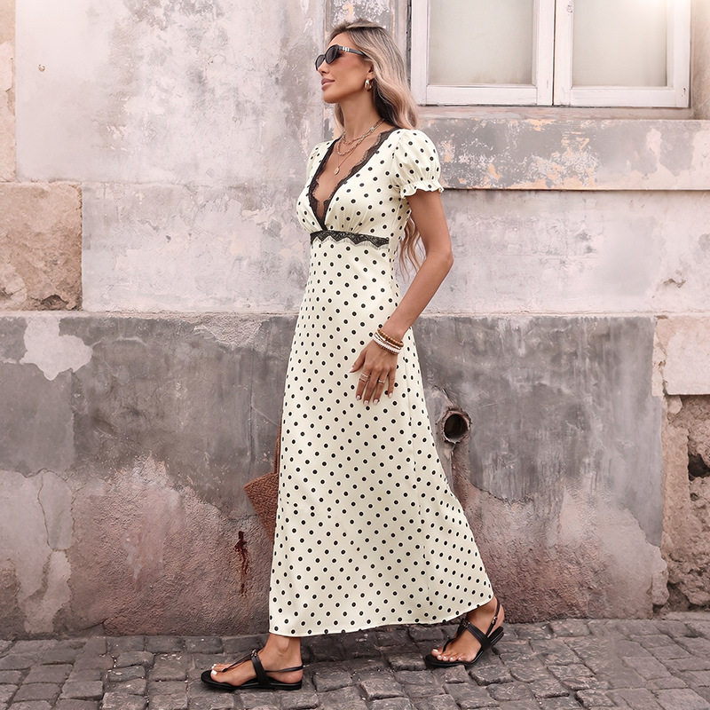French Style Polka Dot Lace V Neck Dress Puff Sleeves Vacation Ready Elegant Design Wholesale Available