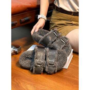 Niche Gray Birkenstock Shoes for Women 2025 New Winter Outer Wear Flat Lazy Furry Slippers