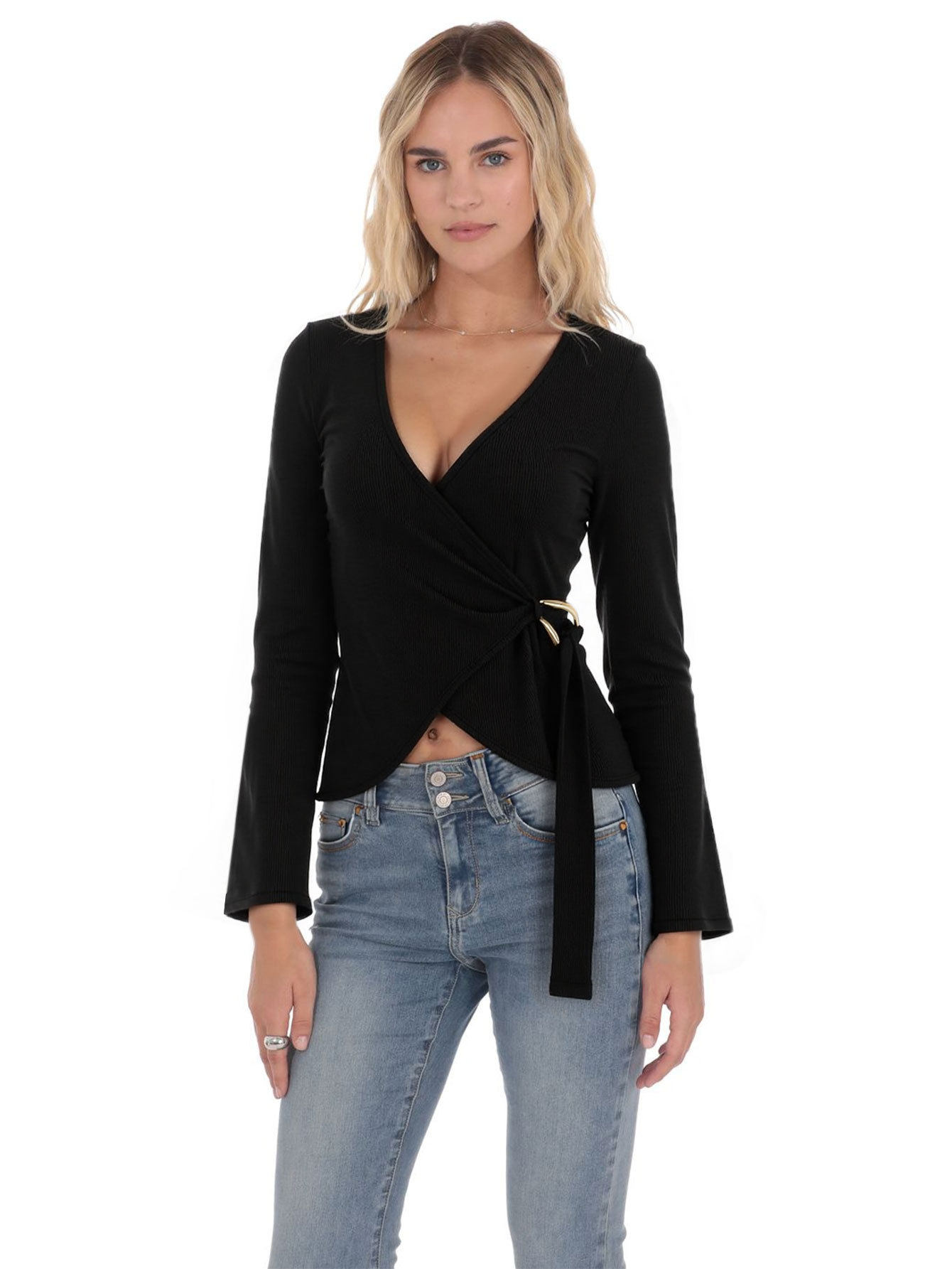 Womens Black V Neck Long Sleeve Knit Top Unique French Design Waist Tie Gold Ring Detail Casual or Chic Occasions