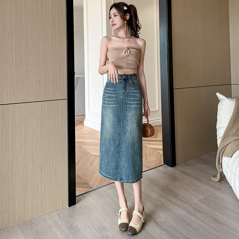 Fashionable High Waisted A Line Denim Skirt for Women Mid Length Back Slit Perfect for Petite Figures Spring and