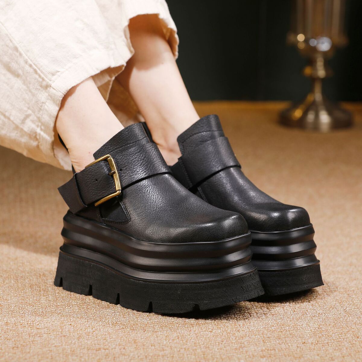 Boot nữ cổ thấp da bò thật đế cao su đúc liền khóa kéo bên hông — đen, nâu
