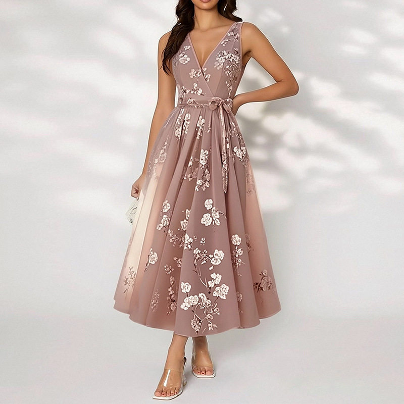 Elegant Floral Print Waist Tie Dress Spring Collection Womens Fashion Comfortable Fit Wholesale Available