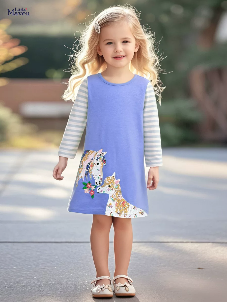 [Style] Girls' Dress, Cartoon Striped Girls' Skirt, Cotton Kids' Dress for Autumn