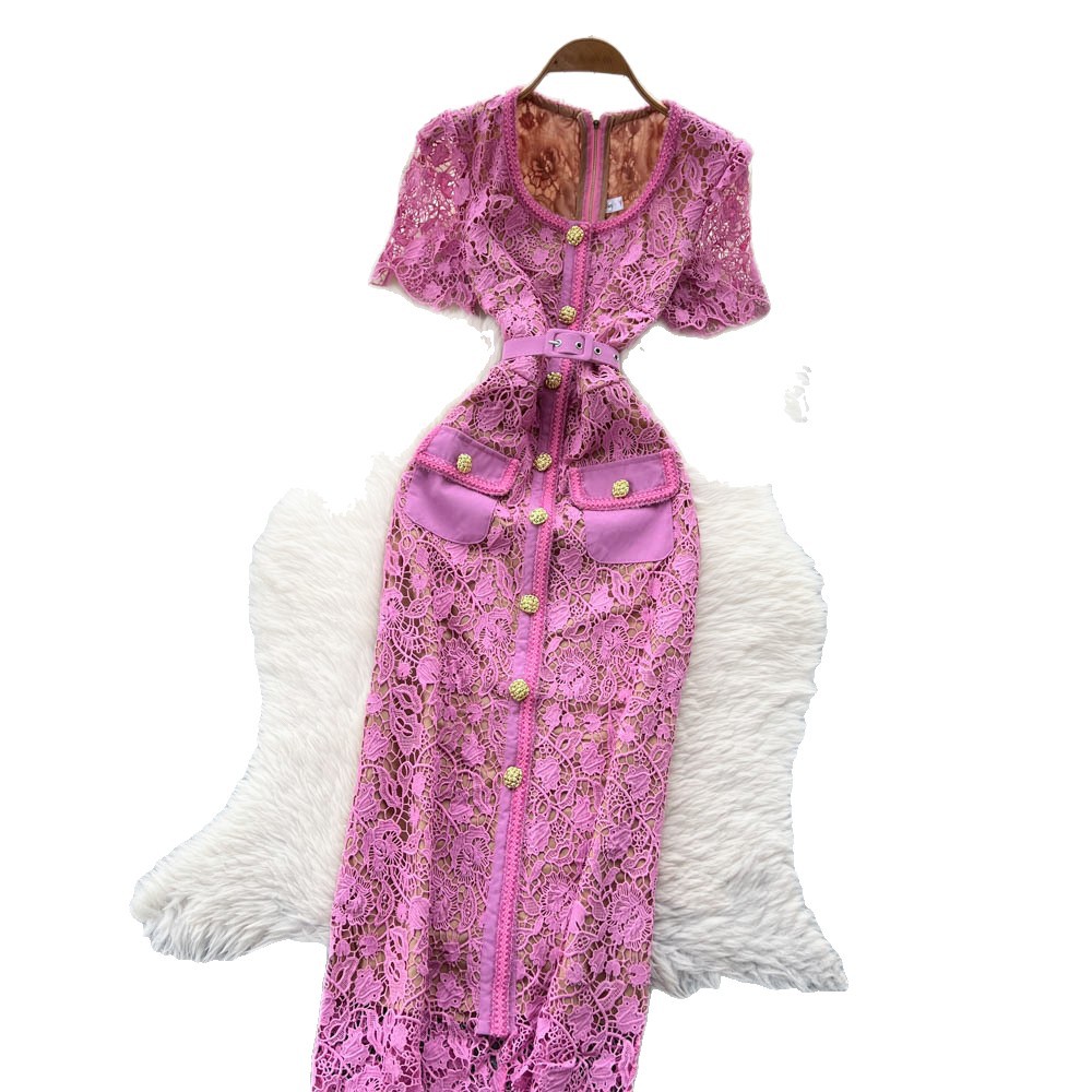 Lace A Line Dress Elegant Hollow Design Square Neck Metal Buckle Slim Fit Summer Cocktail or Evening Wear