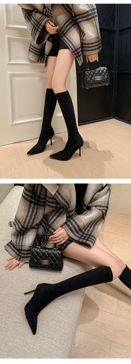 Boot nữ cổ cao qua gối gót nhọn cao 9cm chất liệu da lộn co giãn — Lớp lót đơn kaki ống ngắn, Lớp lót đơn màu đen ống ngắn, Lớp lót nhung đen ngắn, Lớp lót nhung kaki ngắn