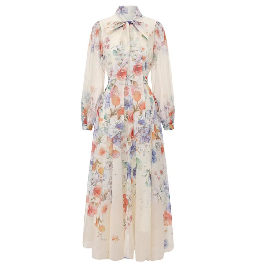 French Vacation Style Floral Print V Neck Dress Bow Detail Waist Defined Elegant A Line Skirt Spring and Autumn Wear