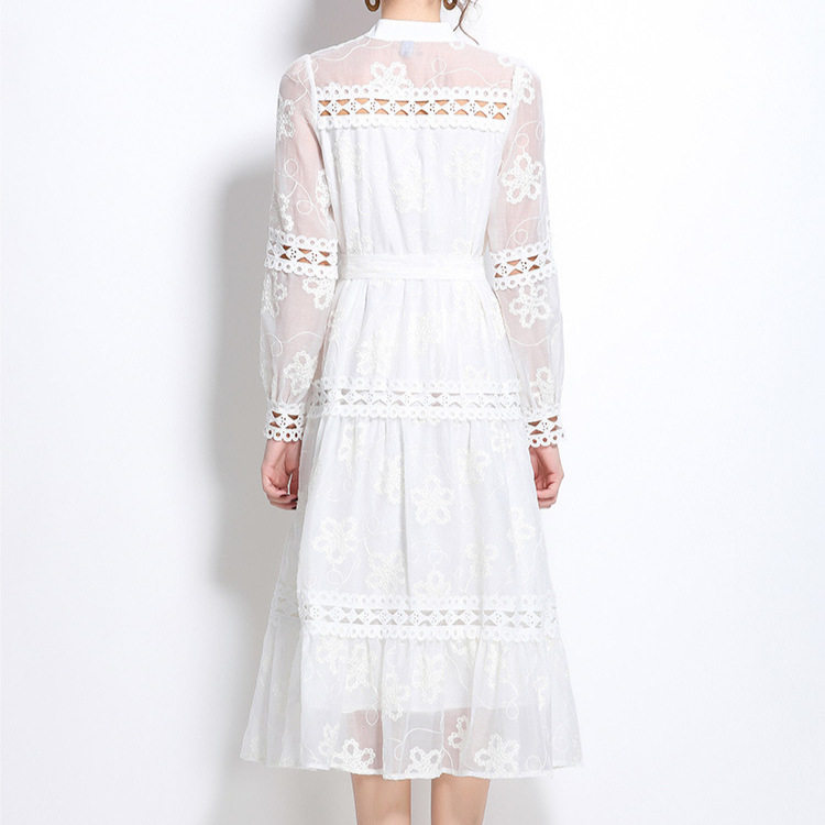 Elegant French Lace Trimmed Long Dress High End Embroidery Lantern Sleeves Autumn Fashion Wholesale Available