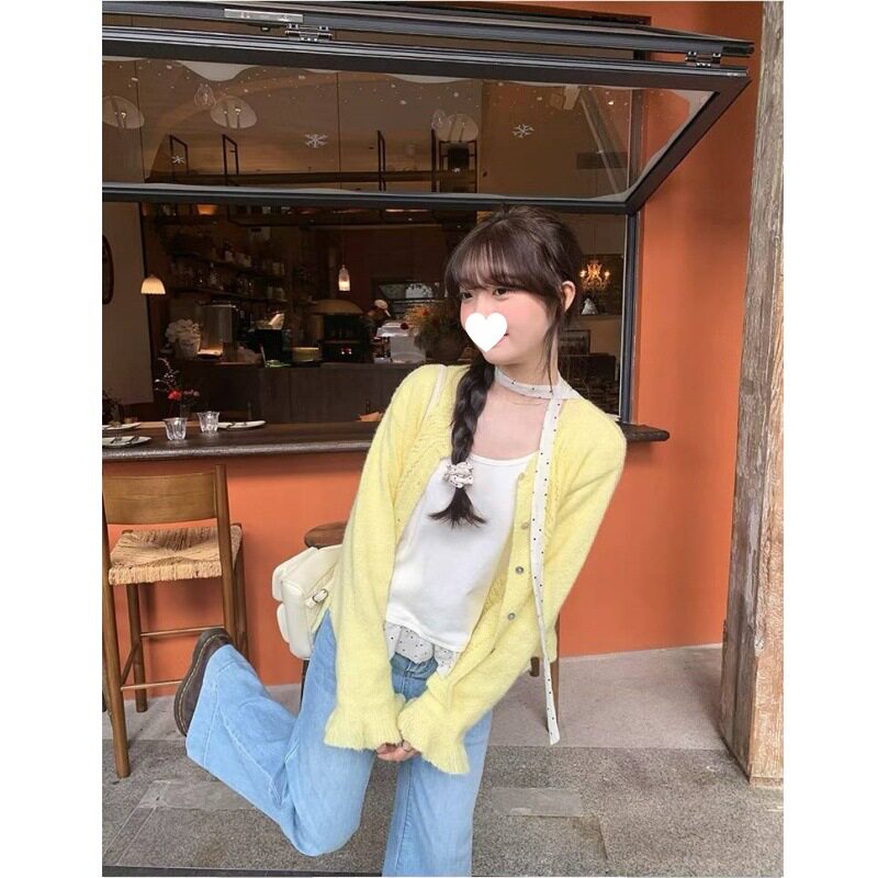 马海毛荷叶边镂空开衫2026新款春季好看毛衣温柔风针织外套