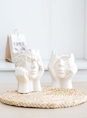 人脸陶瓷花瓶白色人体艺术摆件陶瓷花瓶装饰花瓶简约创意陶瓷花瓶