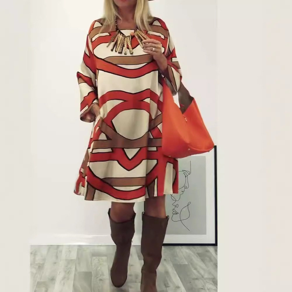 Long Sleeve Printed Dress Round Neck Trendy Design Autumn Collection Perfect for Casual Outings Wholesale Available
