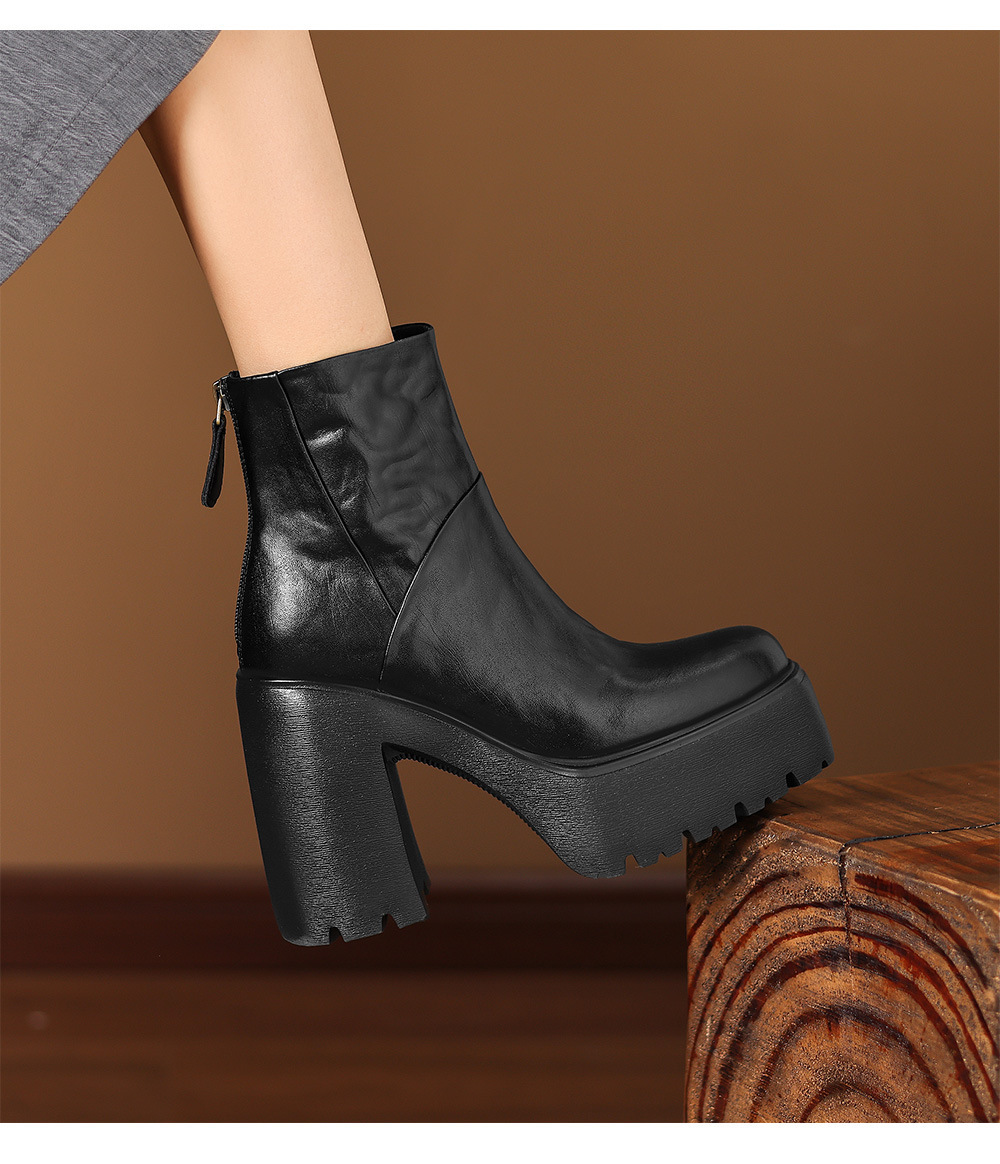 Boot Martin nữ gót thô 12cm đế platform tăng chiều cao, da bò thật — Lớp lót đơn màu đen, Lớp lót đơn màu nâu, Lót nhung đen, Lót nhung màu nâu