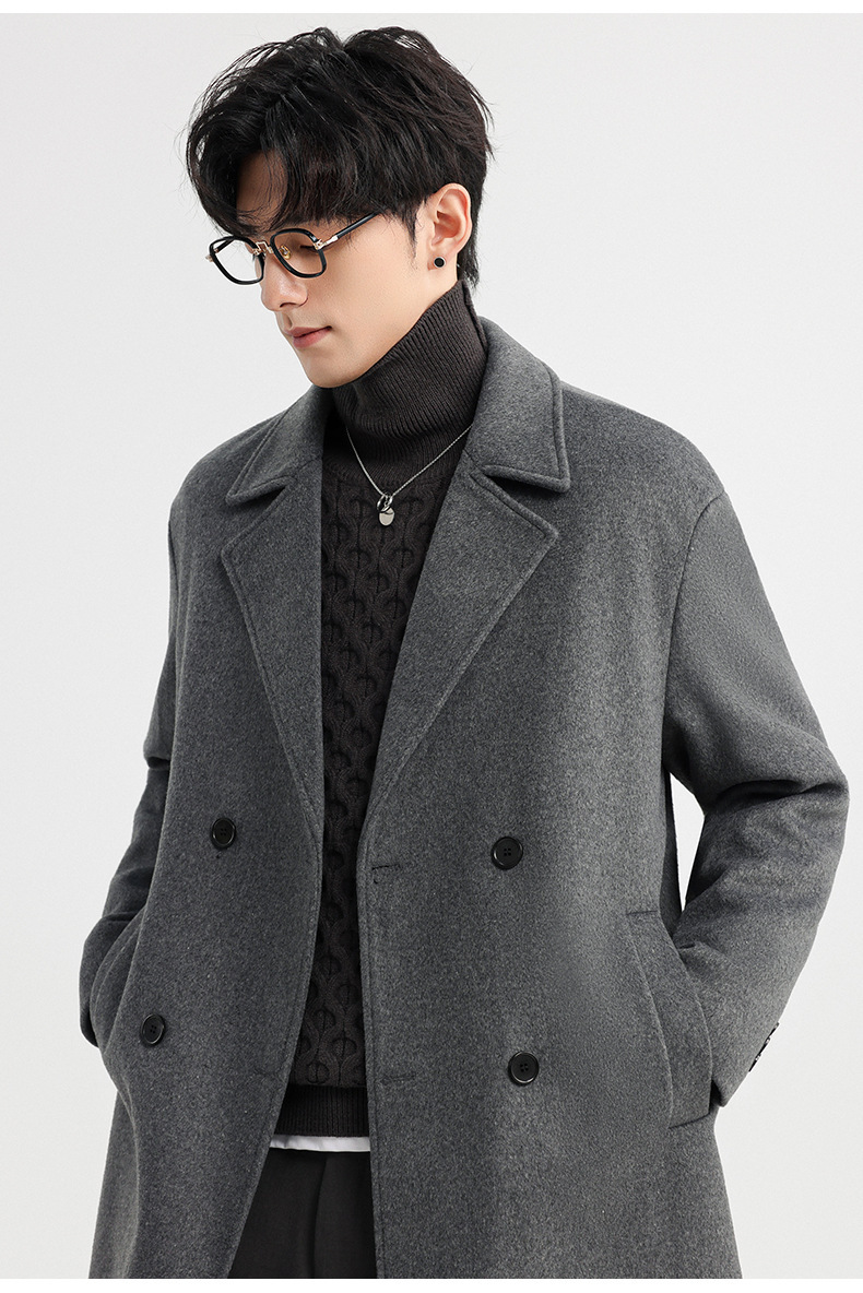 Áo khoác dạ len cashmere nam dáng dài hai hàng khuy mùa đông — Màu Xám (không bao gồm áo vest), Cà phê đậm (không bao gồm áo vest), Cà phê đậm (có áo VEST), Màu đen (có áo VEST)