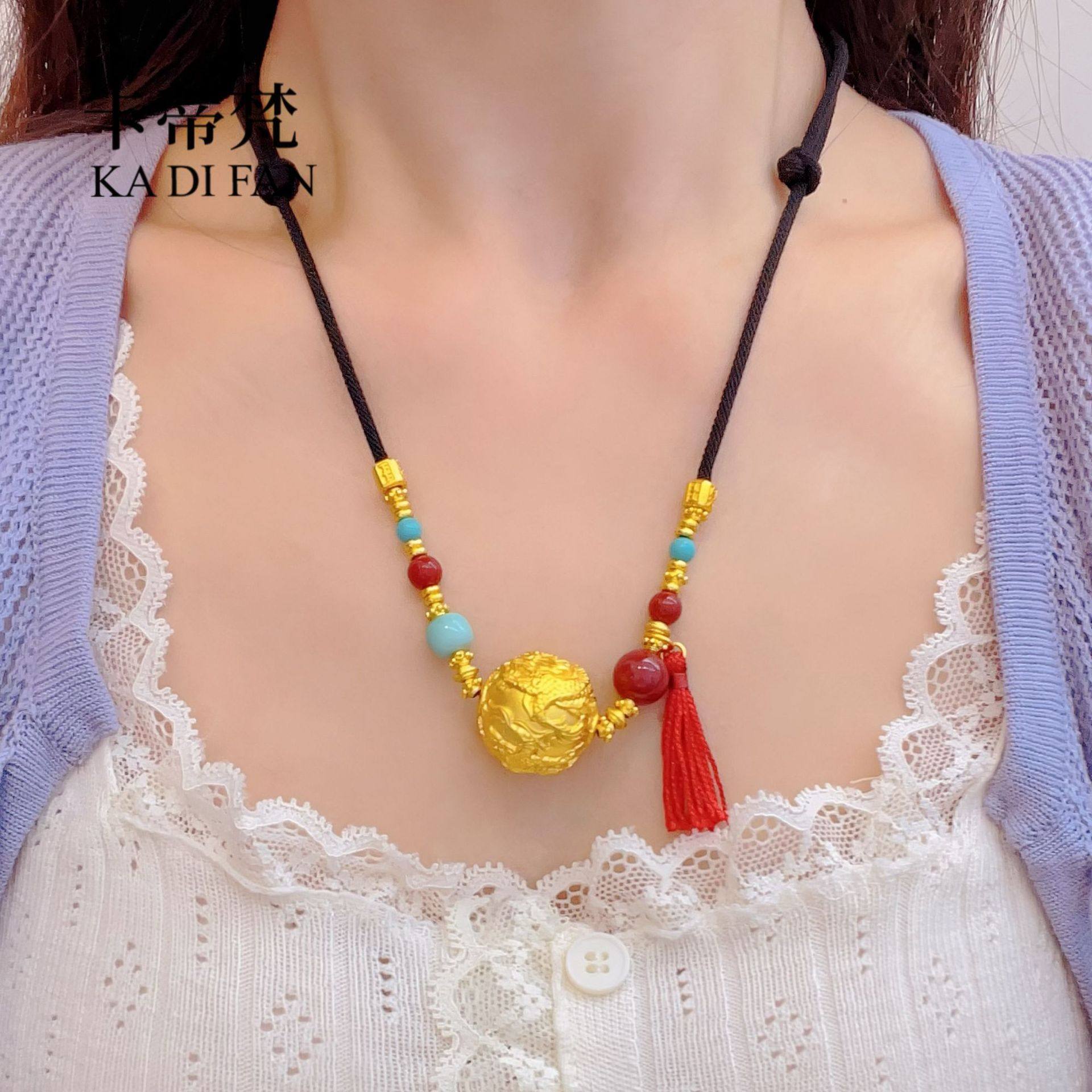 Real Gold-Plated High Color Retention Sand Gold Dragon Bead Turquoise Necklace for Women 2025 New Chinoiserie Dragon and Phoenix Auspicious Transfer Bead Clavicle Chain