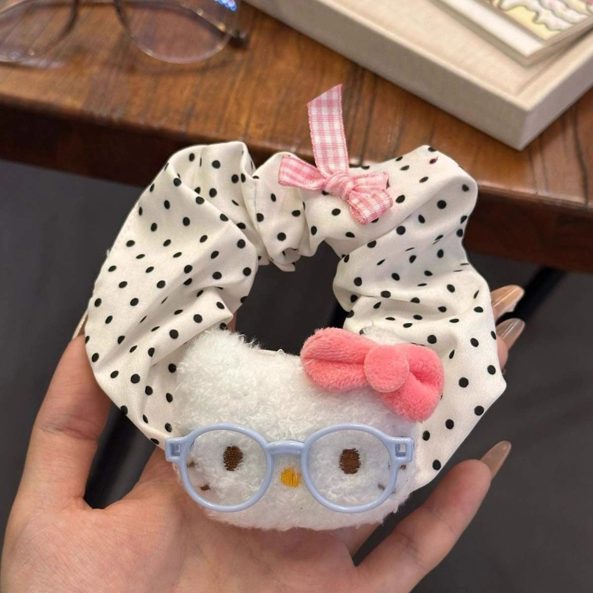 Girl Kt Bow Cherry Hair Tie Scrunchie Versatile Fabric Plaid Hair Rope Bun Hair Tie Elastic Hair Rope