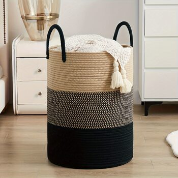 Cross-border Explosive Cotton Woven Storage Basket Household Storage Basket with Handler Dirty Clothes Basket Color-matching Tall Storage Frame