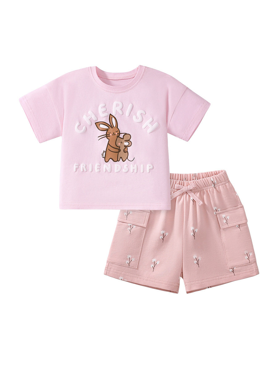 Grosir set anak perempuan, pakaian anak kartun lucu, set anak katun 100% musim panas