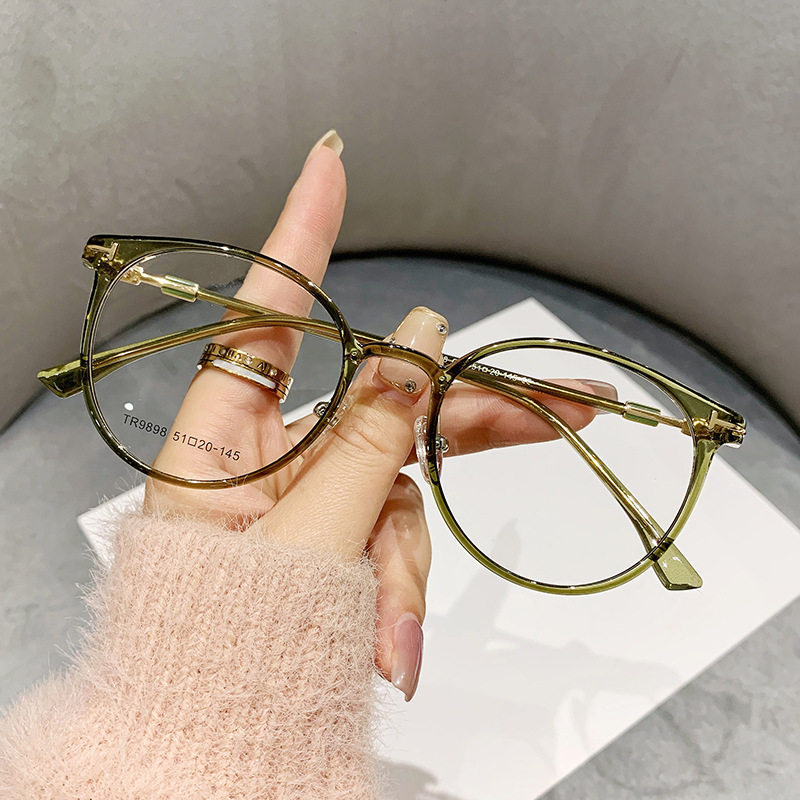 9898 Fashion Simple Cold Tea Chattering Live Anti-Blue Light Glasses Frame Men's and Women's Round Frame Flat Mirror Short-Sight Frame