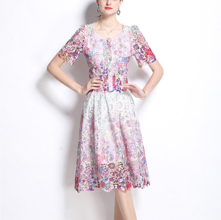 Chic Two Piece Set Elegant Sheer Lace Top with Short Sleeves Flattering Skirt Perfect for Summer Events Wholesale