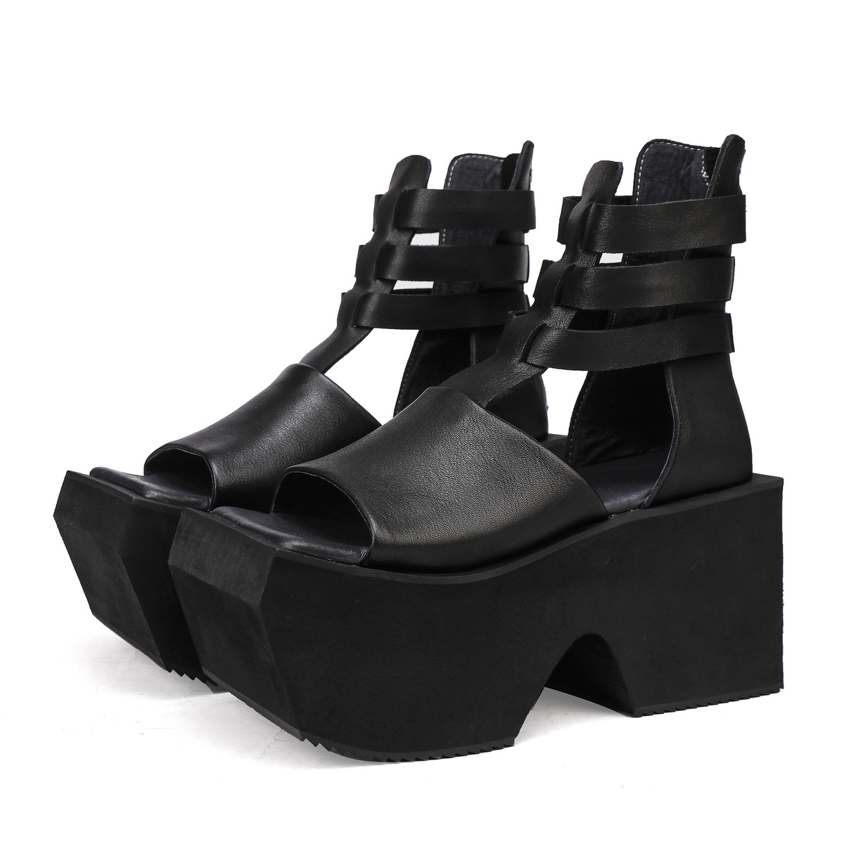 Sandal La Mã nữ đế dày tăng chiều cao, giày cao gót quai dán phong cách châu Âu — màu đen, Màu nâu