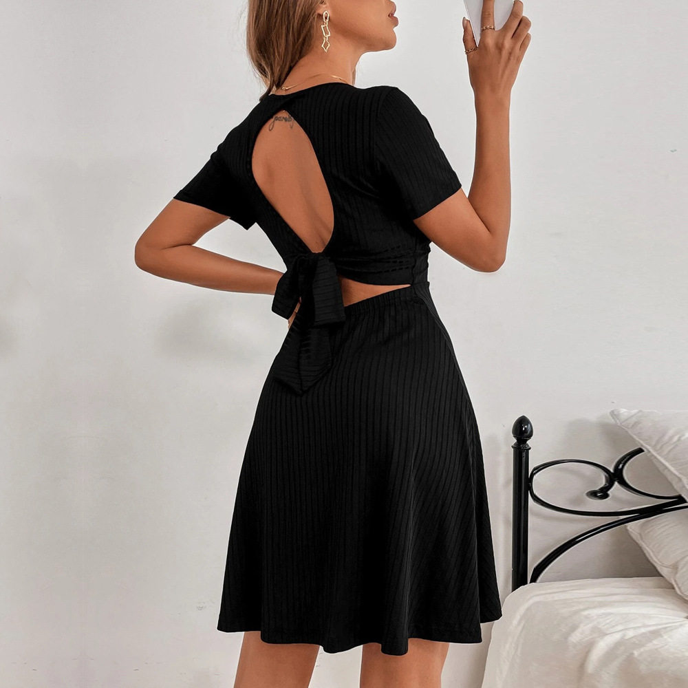 Womens Backless Ruffled Hem Mini Dress Sexy V Neck Adjustable Straps Elegant Style Perfect for Office or Casual Wear