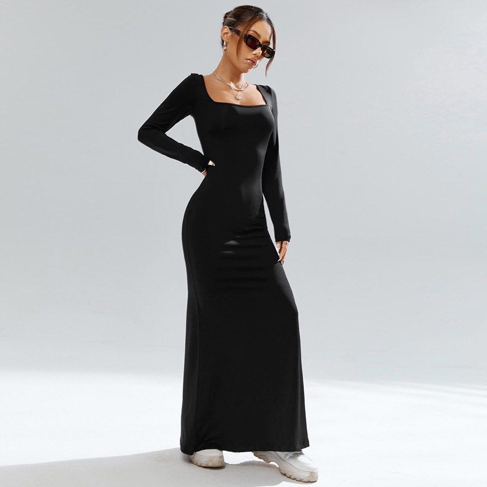 Black Knit Long Sleeve Bodycon Dress Square Neck Sexy Fit Elegant Style Perfect for Parties and Gatherings