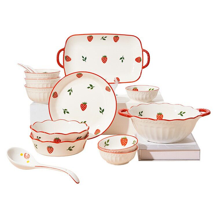 Cute cartoon ceramic strawberry bowl plate suit household soup bowl dish dish tableware combination gift wholesale