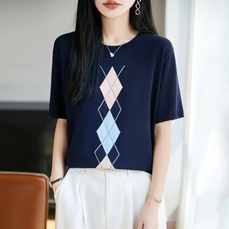 simple contrasting rhombus jacquard short-sleeved sweater fo...
