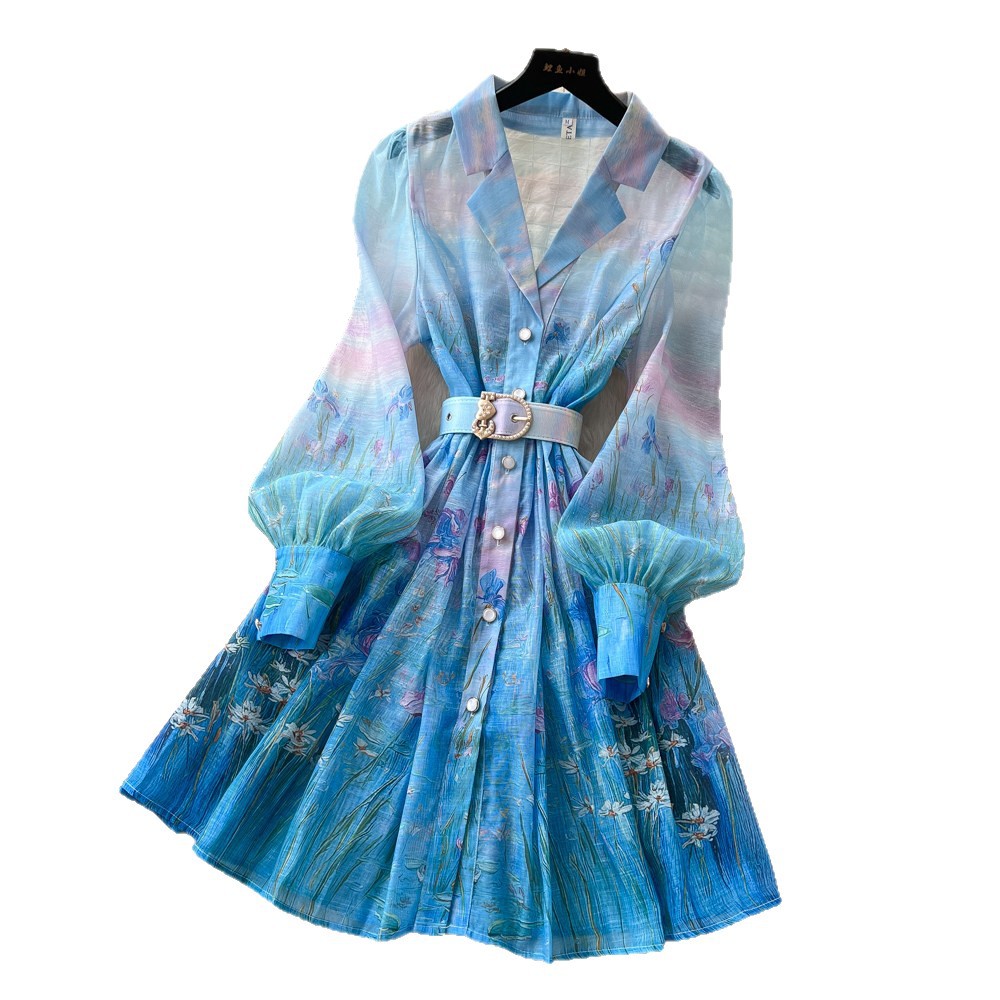 French Romantic Gradient Print Long Sleeve Dress Button Closure Waist Tie Elegant Silhouette Summer Occasion