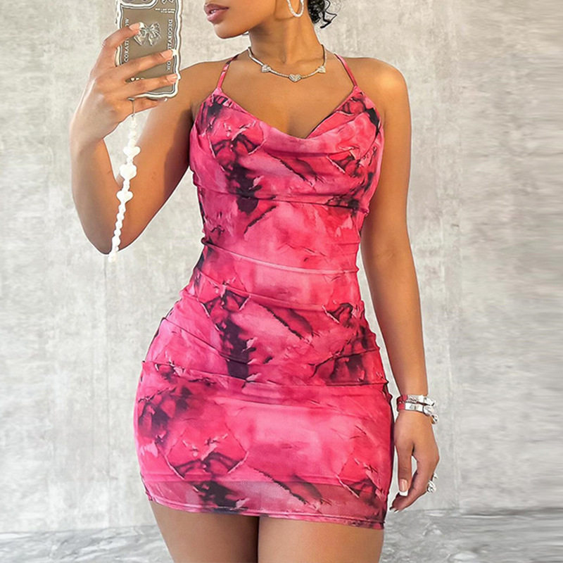 Fashionable Womens Sleeveless Cross Back Bodycon Dress Elegant Print Sexy Neckline Chic Style Perfect for Parties