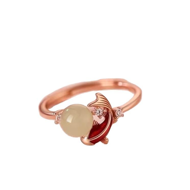 新中式玉见锦鲤戒指女滴胶金鱼素圈食指戒简约百搭民族风开口指环