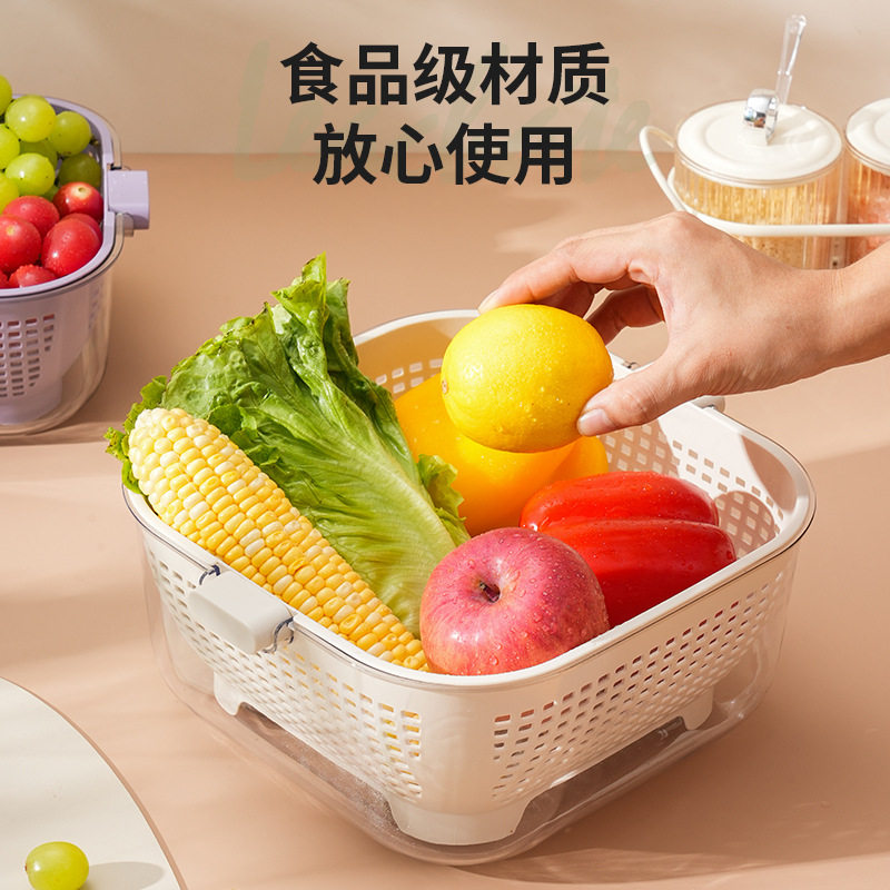 Kitchen Double-layer Draining Basket Vegetable Washing Basket Household Thickened Transparent Draining Basin New Multi-functional Large Capacity Fruit and Vegetable Basin