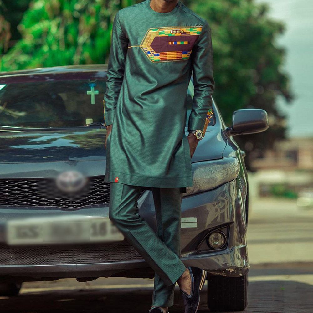 传统外贸非洲风格男士结婚新西装2件套圆领长袖上衣加裤子外贸