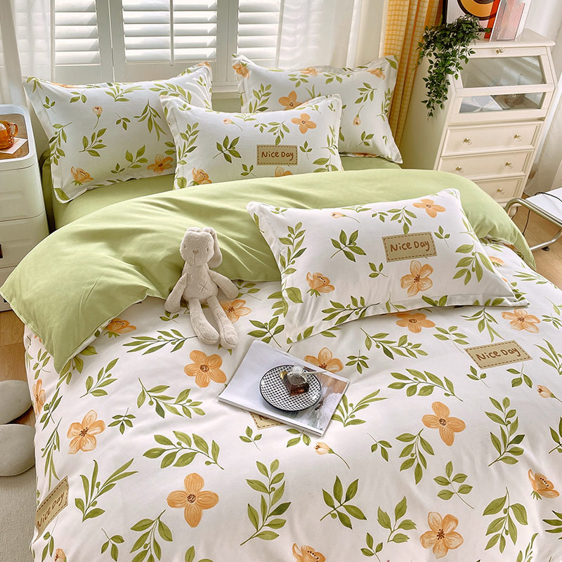 Small fresh printing four-piece padded sanding cotton quilt cover student dormitory three-piece bed sheet kit wholesale