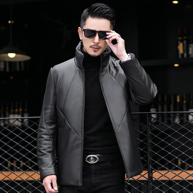 Áo Khoác Da Cừu Nam Lót Lông Vũ Dáng Ôm Cổ Trụ Màu Đen